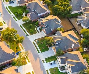 Aerial view of rooftops in a subdivision