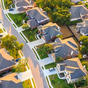 Aerial view of rooftops in a subdivision