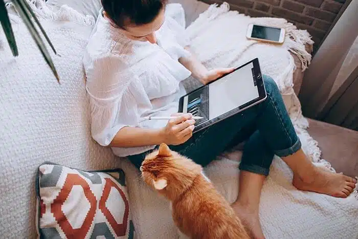 Lady on the sofa with a checklist and a cat