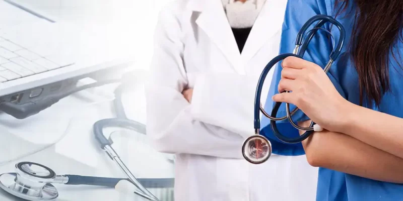 Healthcare professionals in lab coat and scrubs, 