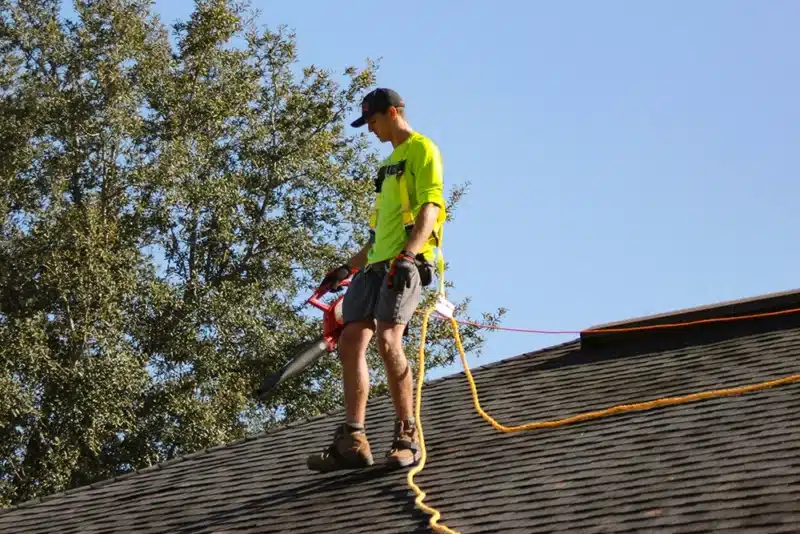 roofer cleaning the roof de-winterize for spring
