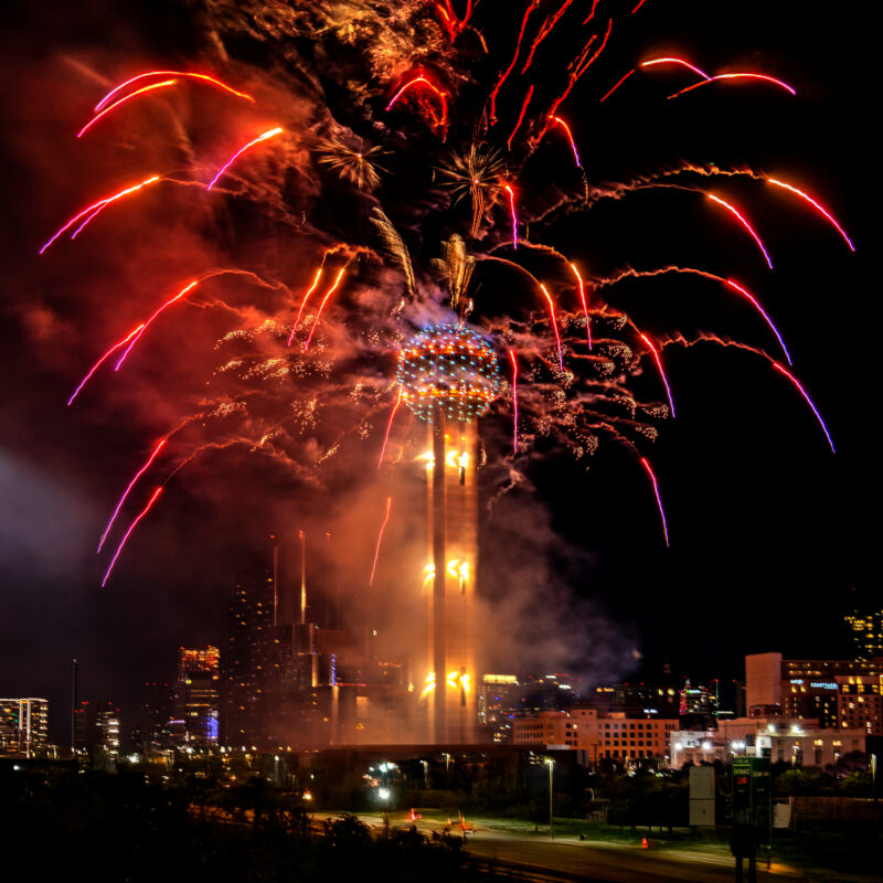 Fireworks at Reunion Tower in downtown Dallas Texas